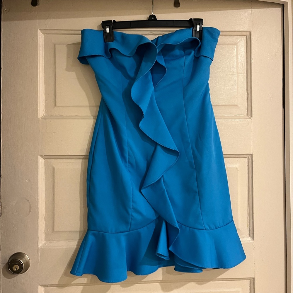 Blue Strapless Ruffle Dress